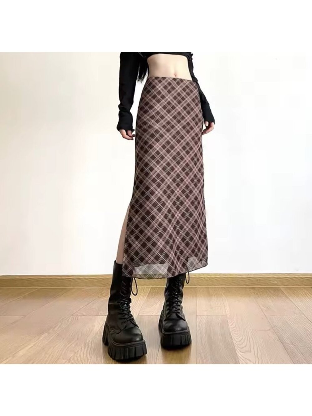 NEW Fairy Grunge Brown Plaid Midi Skirt Sz M Mesh Pull-On Heritage 90s Y2K